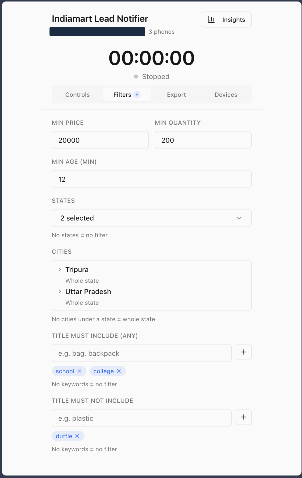The extension's Filters tab showing active filters: min price, min quantity, min lead age, two states, cities within them, and title keyword filters